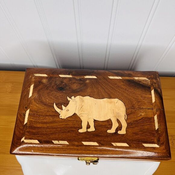Vintage Rhinoceros Wood Bone? Inlay Jewelry Box Handcrafted Lined Red Velvet - Picture 2 of 14